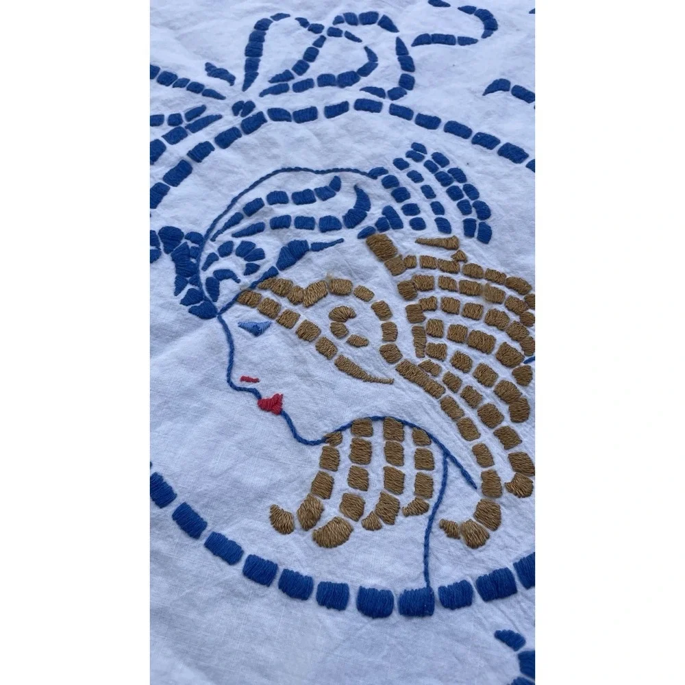 Vintage Art Deco Era Scalloped Linen Embroidered Tablecloth Lady Flapper Blue